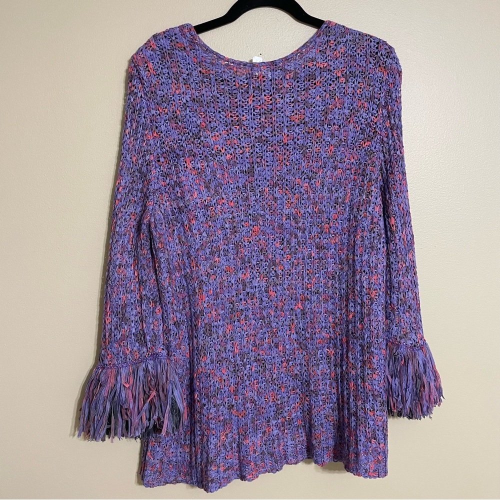 ZOZO open knit crochet multicolor sweater with fringe Pom Pom cuffs‎ size large - Picture 6 of 6